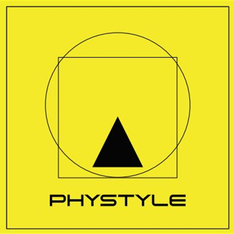 Marchio Phystyle: triangolo inscritto in un quadrato inscritto in un cerchio.